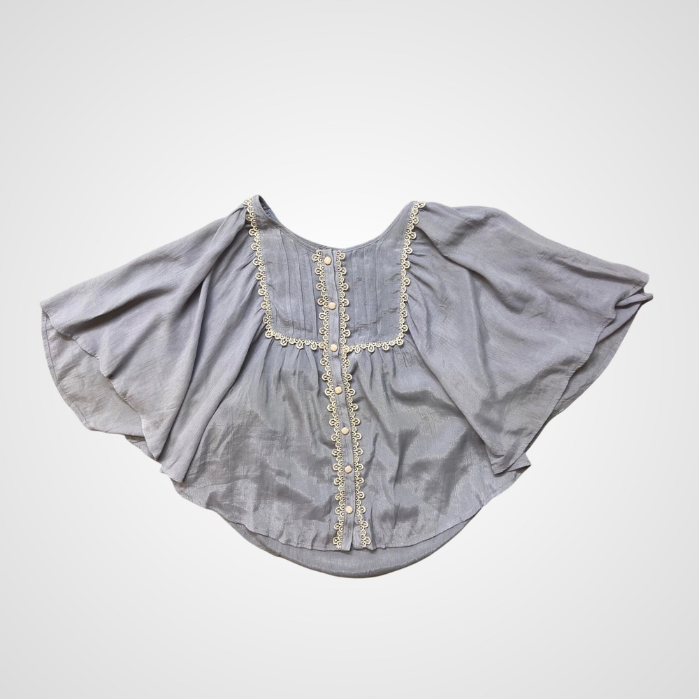 Atmosphere Grey Purple Lace Trim Flutter Sleeve Pintuck Blouse Top Size 8/36‎